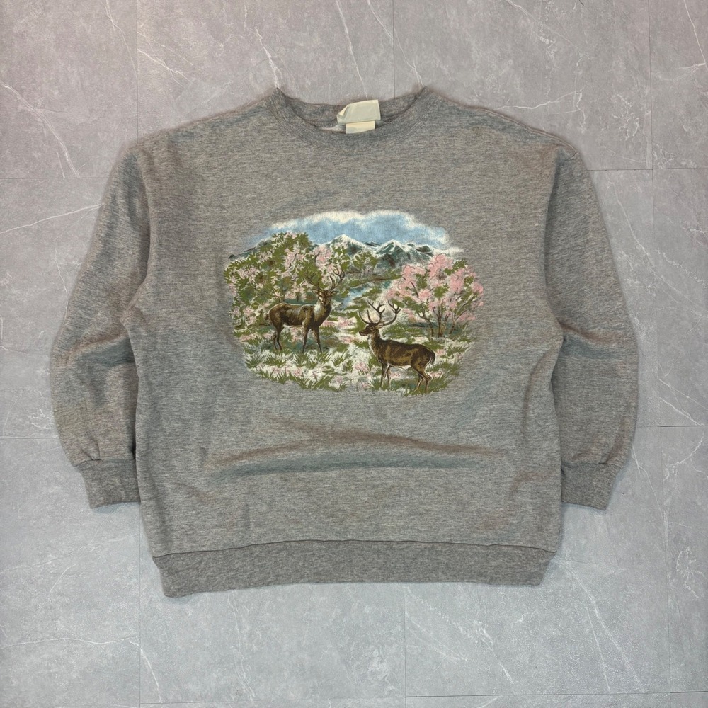 Basic Editions Vintage Deer Nature Graphic Sweatshirt Gray Crewneck Medium